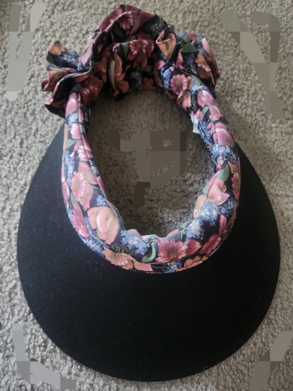 Vintage Floral Padded Headband Visor - Black with Pink Floral Trim